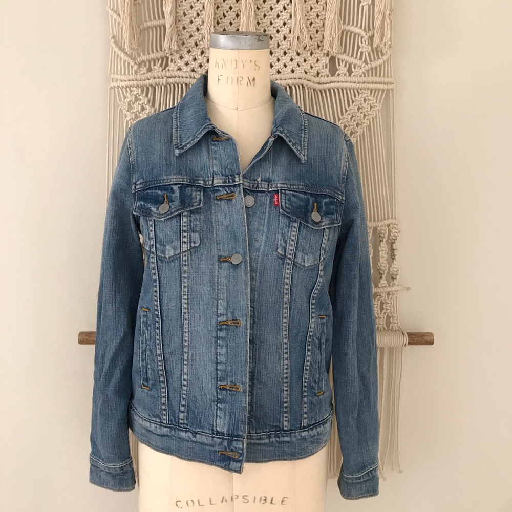 Levi’s jean jacket with an Anya Hindmarch sticker